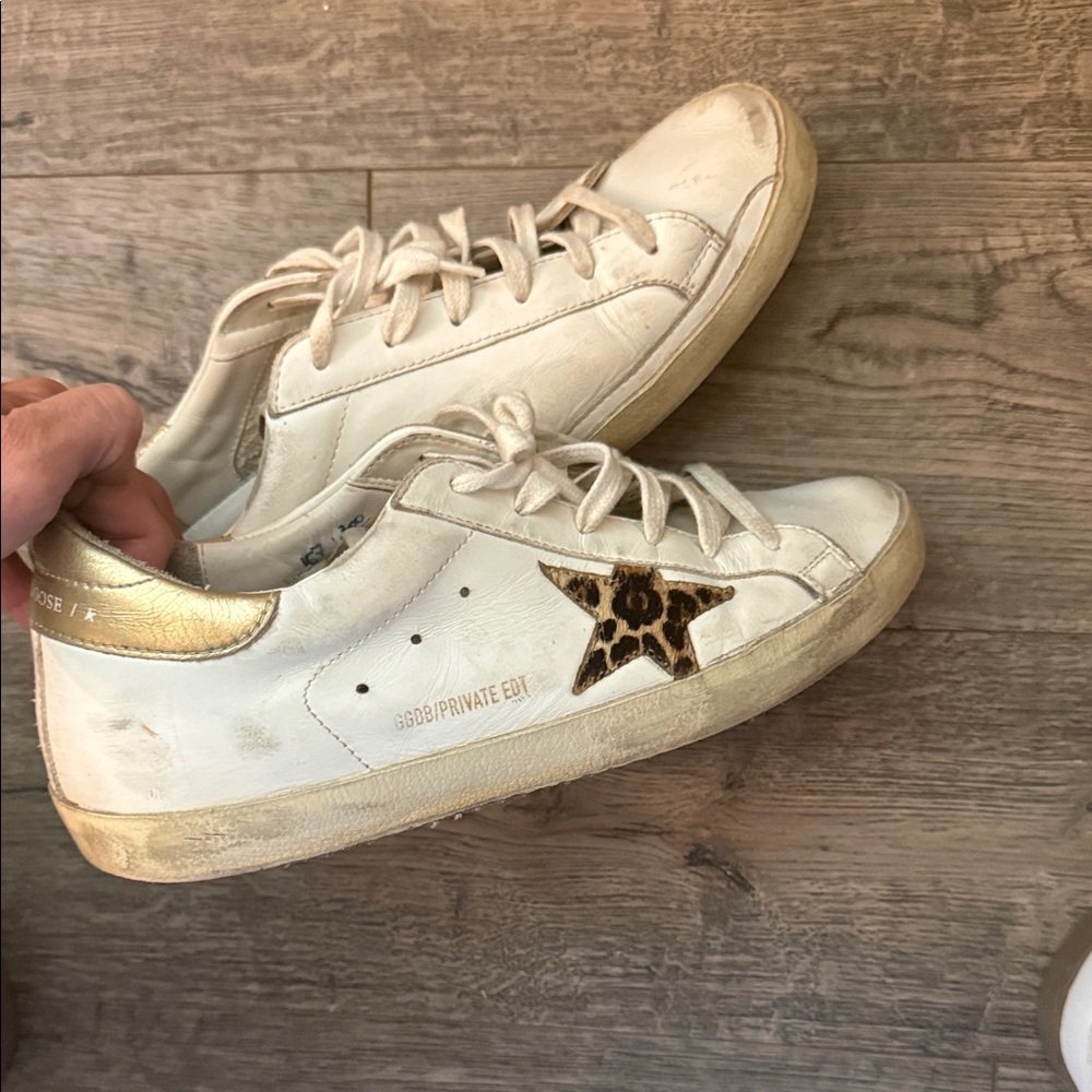 Golden Goose White Sneakers with Leopard Star gold back